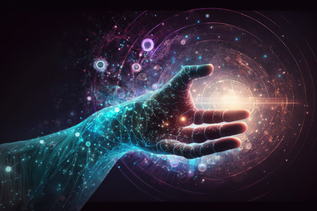 Digital composite of Hand touching digital hologram interface with flare and dataの素材