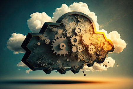 Cloud computing concept with gears and cogwheels against cloudy sky backgroundの素材