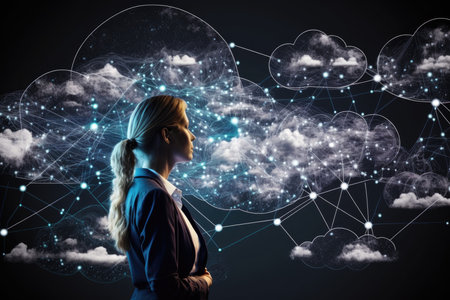 Young woman looking at cloud network hologram on night sky background conceptの素材