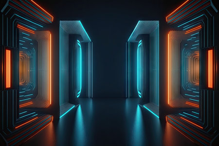 Futuristic dark corridor with glowing neon lights on the wallsの素材