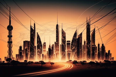 Futuristic cityscape and road at sunsetの素材