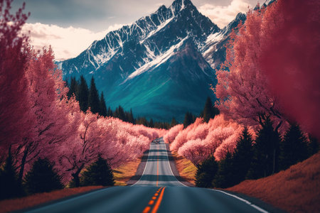Beautiful landscape with road and trees in the mountainsの素材