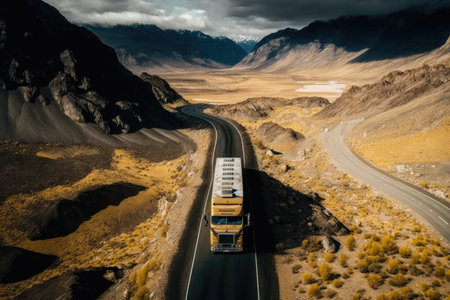 Aerial view of a truck driving along a road in the mountainsの素材