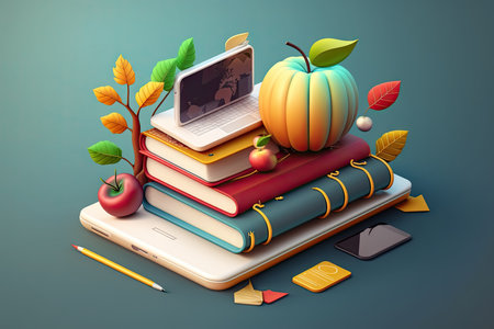 Books with apple and pumpkin on top of itの素材