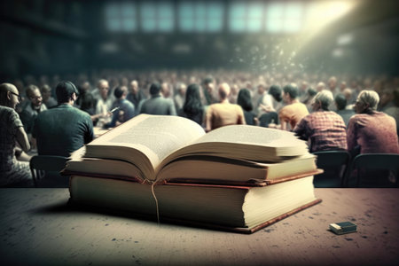 Conceptual image of an open book with people in the backgroundの素材