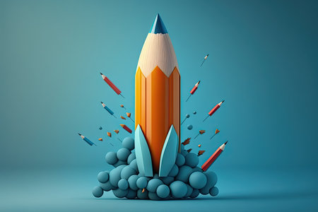 Pencils and rocket on blue backgroundの素材