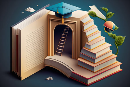 Education concept. Open book with stairs and graduation capの素材