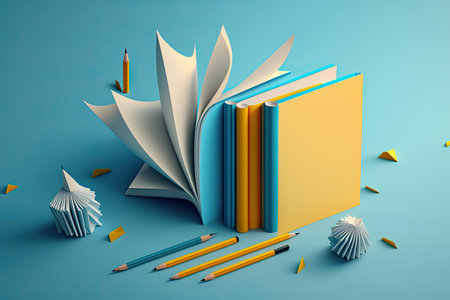Books and pencils on blue background. Education conceptの素材