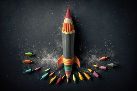 Colorful pencils flying in spaceの素材
