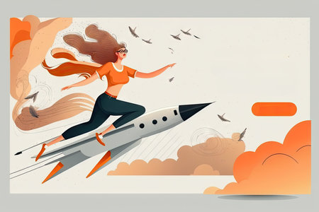 Businesswoman flying on a rocket. Business conceptの素材