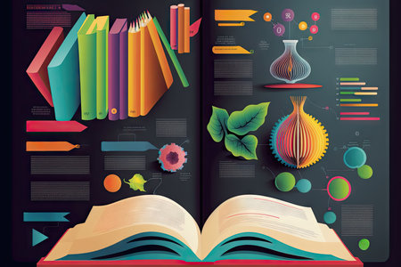 Education infographics with books and vases on black backgroundの素材