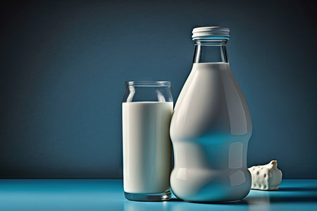 Milk in a glass bottle and a glass of milk on a blue backgroundの素材