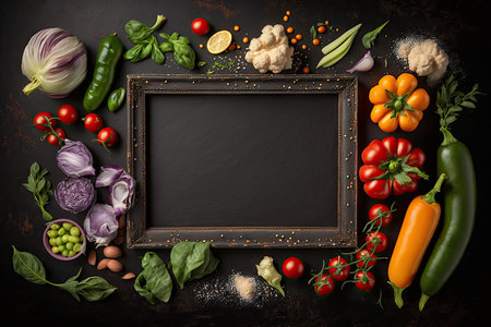 Fresh vegetables with chalkboard frame on dark background. Top viewの素材