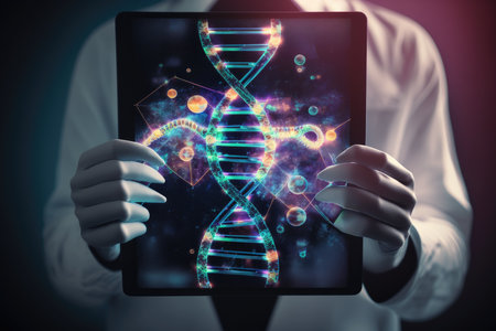 Woman holding tablet with dna molecule on screenの素材