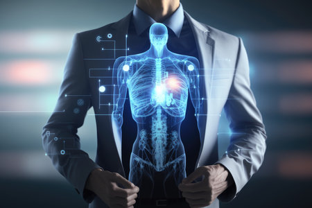 businessman with x-ray scan of human body over blue backgroundの素材