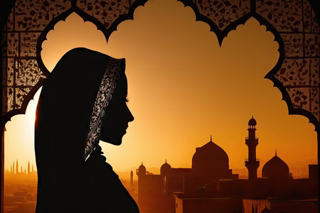 Silhouette of Muslim woman with mosque in background at sunsetの素材