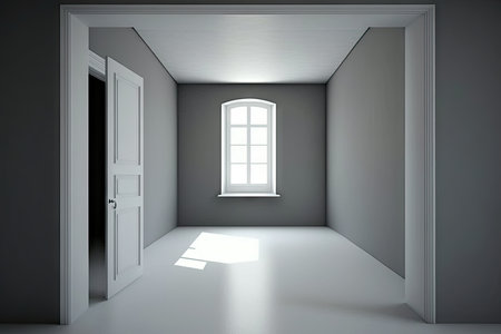 Empty room with open door and light from windowの素材