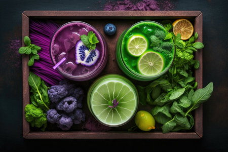 Healthy food and drink concept. Detox diet. Fresh detox smoothies with berries, spinach, lemon and lime in a wooden box. Top viewの素材