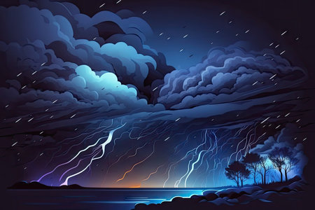 Night landscape with lightning and dark stormy skyの素材