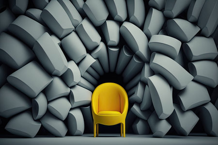 Yellow chair in a dark room with a stone wallの素材