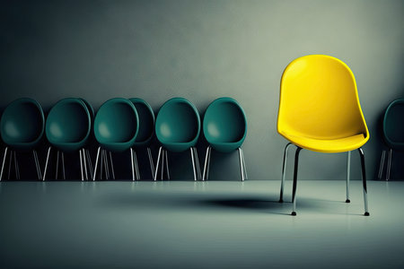 Yellow chair standing in a row of green chairsの素材