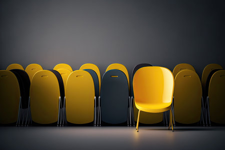 Yellow chair in a row of chairsの素材