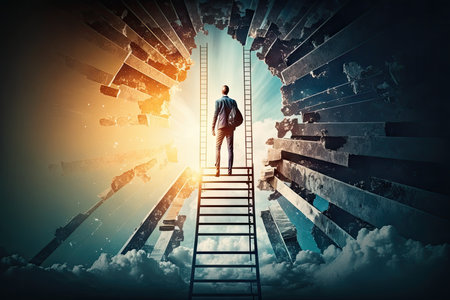 Rear view of businessman standing on ladder and looking at door in skyの素材