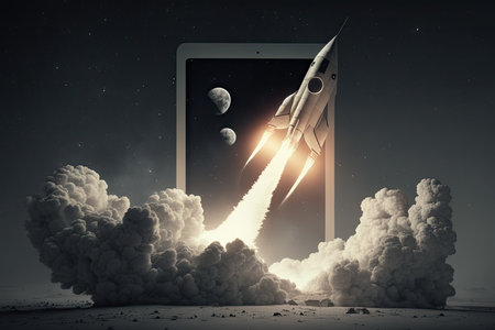 Rocket taking off from a tablet screenの素材