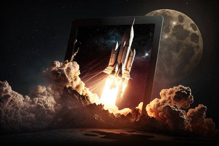 Tablet pc and rocket in spaceの素材