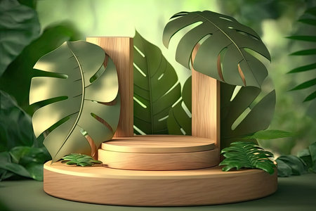 Natural product display podium with tropical leaves backgroundの素材