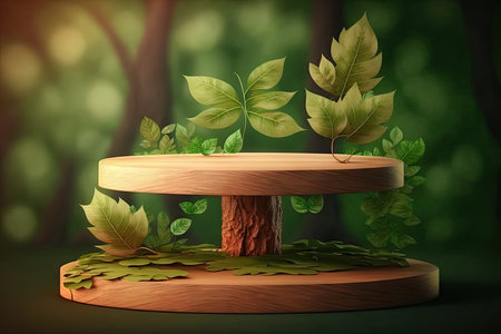 Illustration of a wooden podium with green leaves in the forestの素材