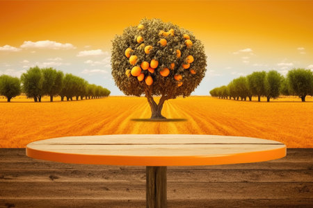 Wooden table top on abstract orange tree in the field background, product displayの素材