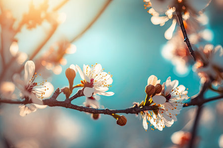 Spring flowers on a tree, white flowers on a blue sky backgroundの素材