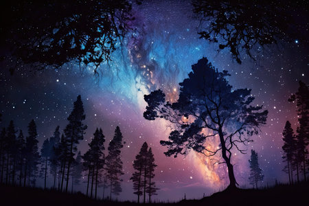 Fantasy night landscape with starry sky and tree silhouettesの素材