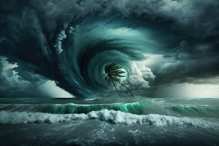 Palm tree in stormy seaの素材