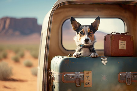 Welsh corgi dog sits on a vintage suitcase in the desertの素材