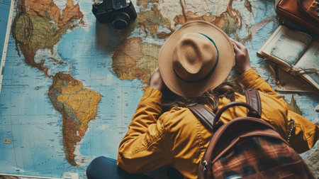 Young woman traveler with backpack and hat looking at map. Travel conceptの素材