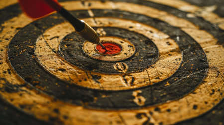 Close-up of a dart hitting the center of an old targetの素材