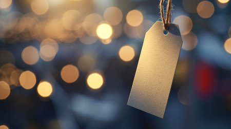 Blank paper price tag hanging on bokeh lights backgroundの素材