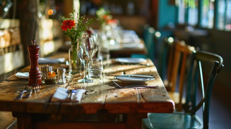 Restaurant table setting with wooden tablecloth and cutleryの素材