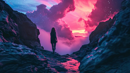 Woman standing on the edge of a cliffの素材