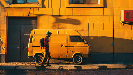 A delivery man with a yellow van on the street in the eveningの素材