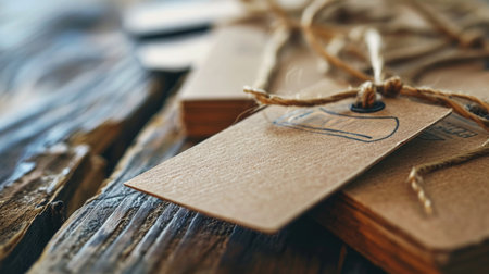 Cardboard gift tags tied with twine on rustic wooden backgroundの素材