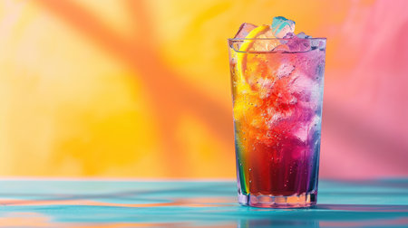 Cocktail with ice in a glass on a colorful backgroundの素材