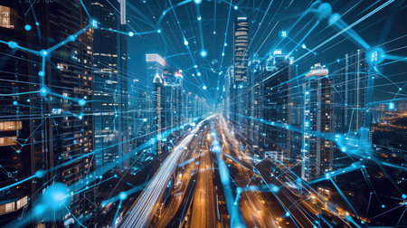 Highway and modern city at night with network connection conceptの素材
