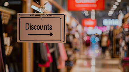 Discounts sign on a shop window. Blurred backgroundの素材