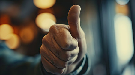 Close-up of a man's hand showing thumbs up gestureの素材