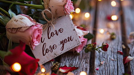 Valentine's Day background with roses and candles on wooden tableの素材