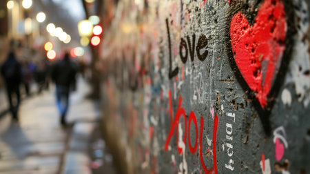 The inscription love you and a painted heart on a street wall with a blurred backgroundの素材