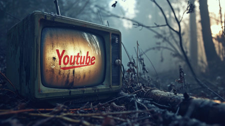 Vintage TV in the forest with text YOURSELF, conceptual imageの素材